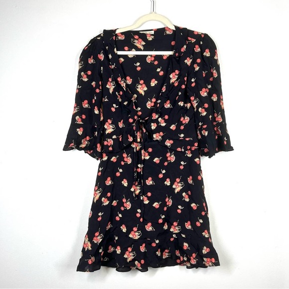 FOR LOVE & LEMONS Cherry Sundress Cherry Noir Tie Front Cutout Mini Medium - Picture 3 of 10
